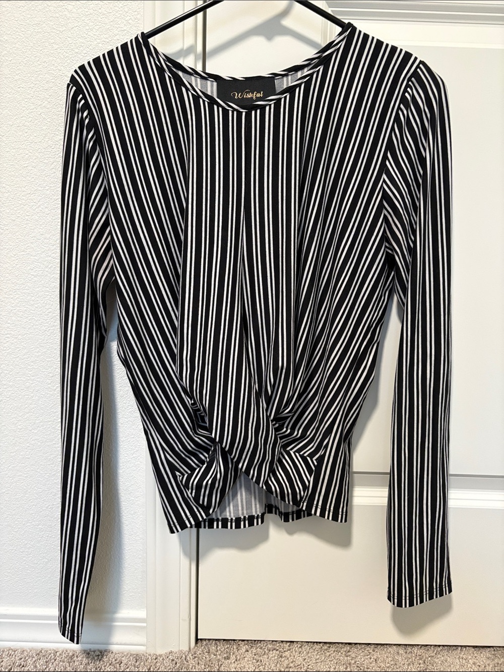 Black & White Striped Twist-Front Long Sleeve Top